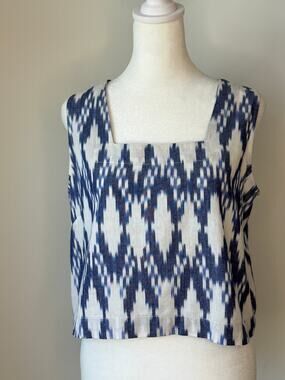 Marea Blue White Ikat Print Square Neck Top